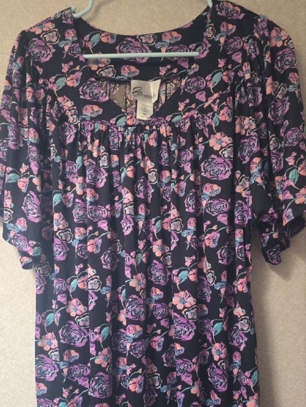 NWOT Essentials Black Floral Tunic with Pink and Purple Roses - Picture 3 of 3